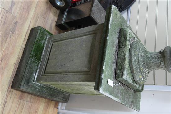 A large pair of reconstituted stone popes urns, overall H.7ft 3in.